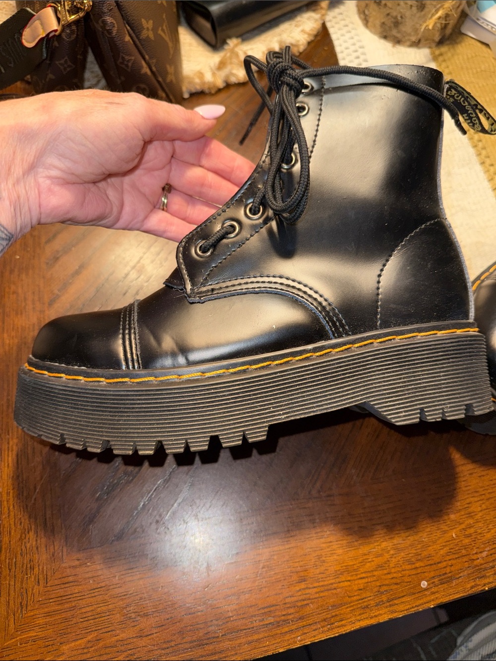 Dr. Martens Black Lace-Up Combat Boots with Yellow Stitching - Picture 9 of 10